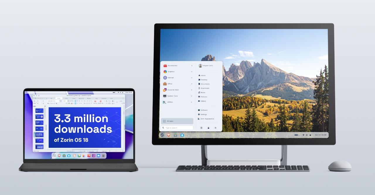 A laptop and desktop computer running Zorin OS 18.1