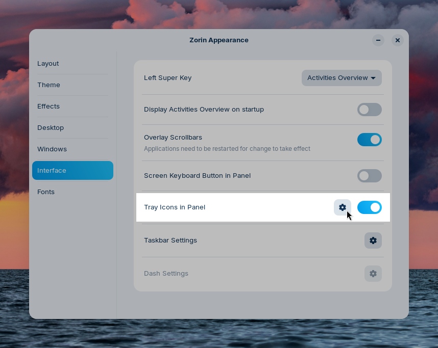Tray Icons in the Panel options