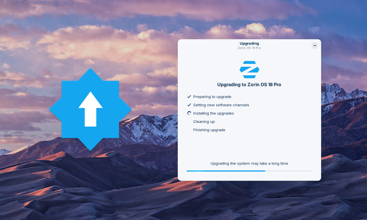Zorin OS Upgrader app and icon on the Zorin OS 18 wallpaper