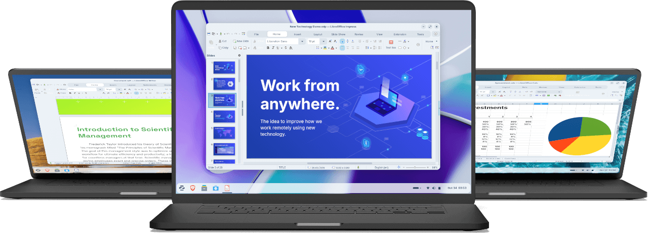 Three laptops editing office documents in Zorin OS