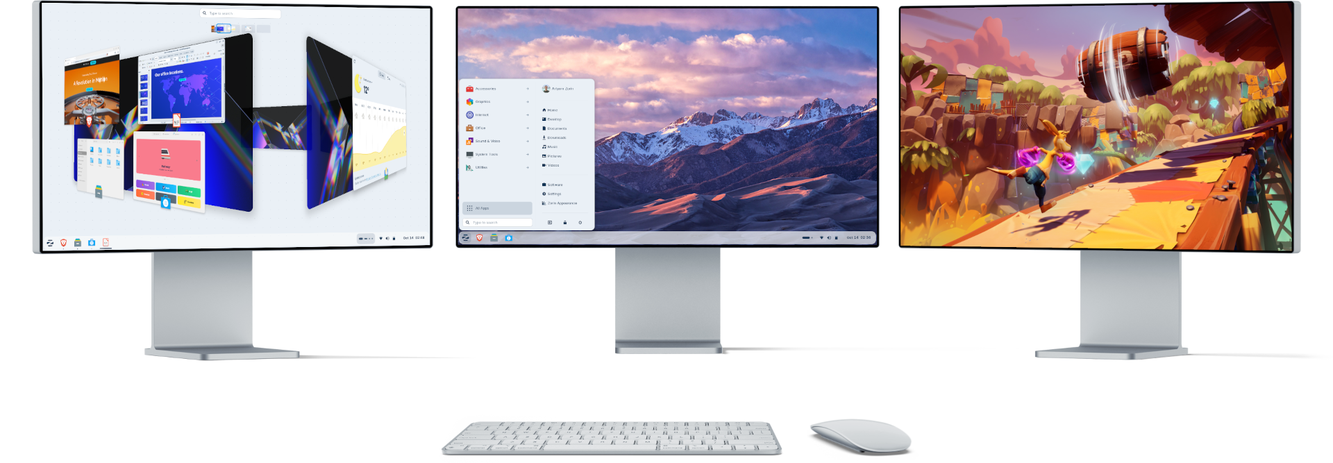 3 monitors displaying Zorin OS