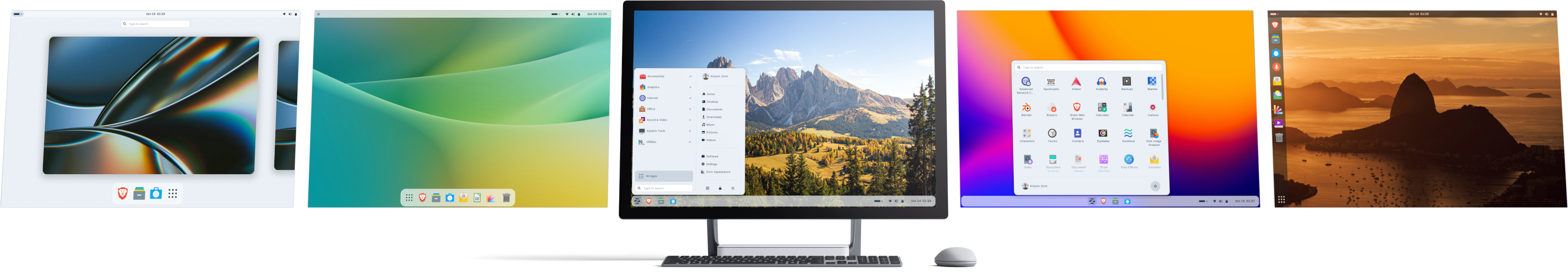 Computer displaying 5 desktop layouts