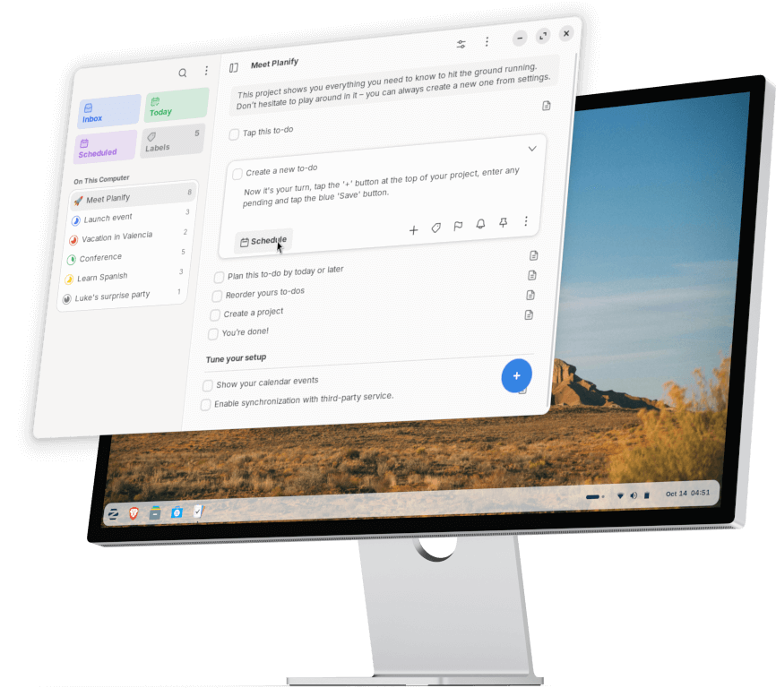Planify app floating off a computer monitor